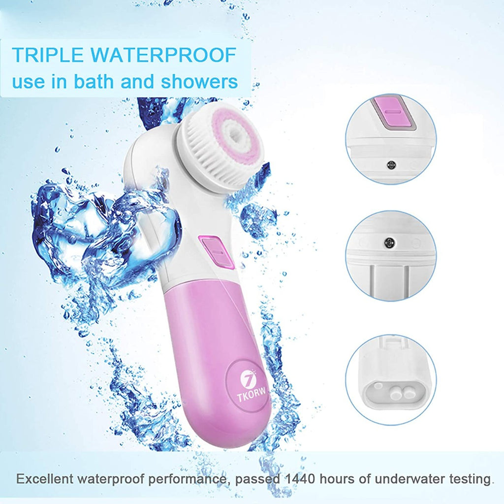 TKORW Facial Cleansing Brush 5 Rotating Brush Heads, 2 Modes, 2AA Power Supply, 360° Cleaning, Blackheads, Whiteheads, Calluses, exfoliating, Dead Skin Cleansing Spin Brush