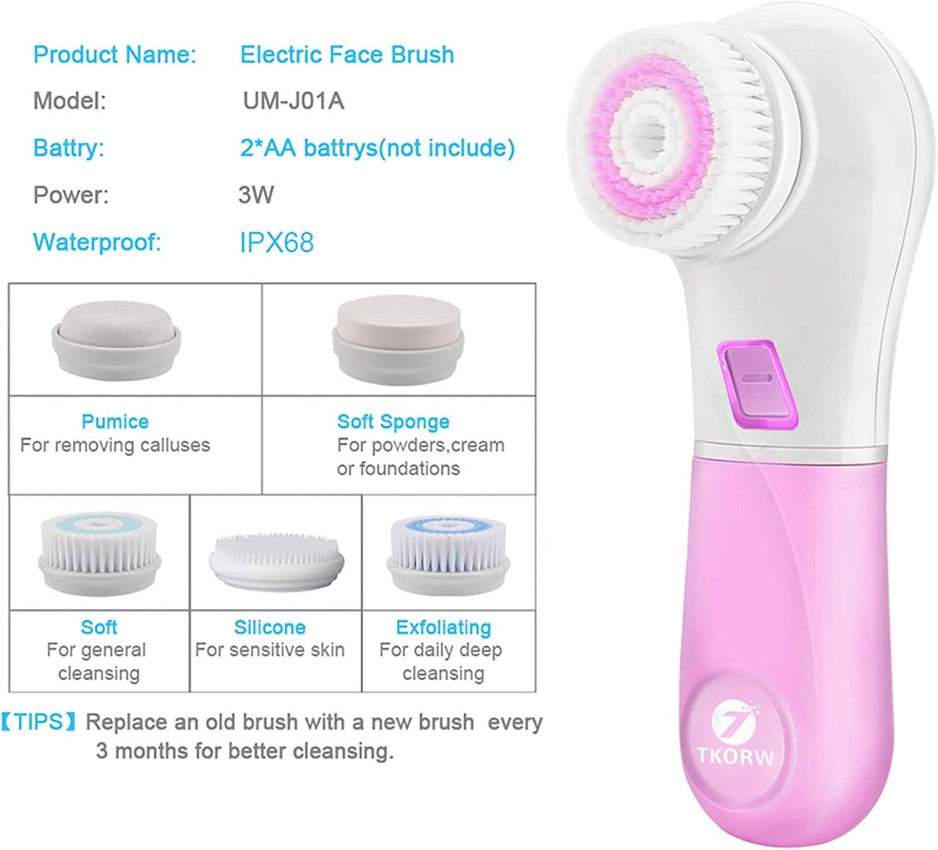TKORW Facial Cleansing Brush 5 Rotating Brush Heads, 2 Modes, 2AA Power Supply, 360° Cleaning, Blackheads, Whiteheads, Calluses, exfoliating, Dead Skin Cleansing Spin Brush