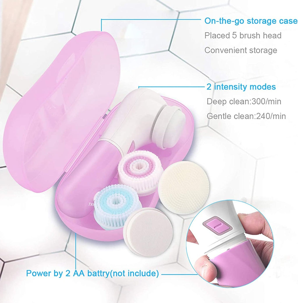 TKORW Facial Cleansing Brush 5 Rotating Brush Heads, 2 Modes, 2AA Power Supply, 360° Cleaning, Blackheads, Whiteheads, Calluses, exfoliating, Dead Skin Cleansing Spin Brush