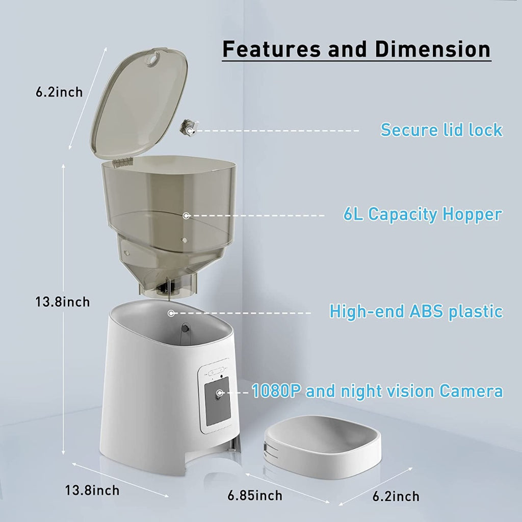 TRAMSMART Automatic Cat Feeder with 1080P Camera Voice and Video Recording, APP Control, 6L Capacity