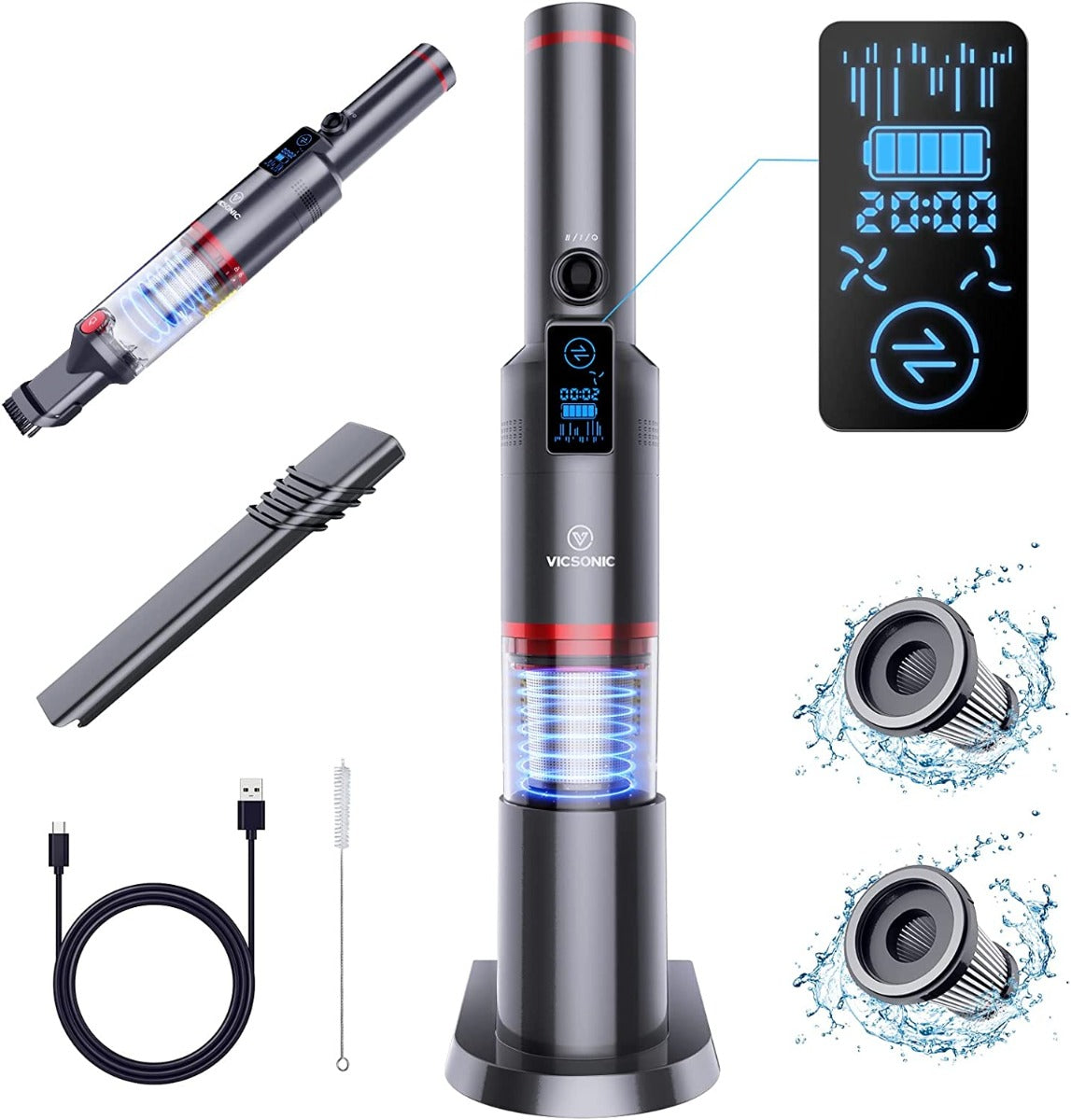 VICSONIC LED Cordless Handheld Vacuum Cleaner, 13KPa with Storage Base, 1.1lbs Lightweight, 200ml Dust Cup and Type-C Cable, 20 Mins Runtime for Home Car Office