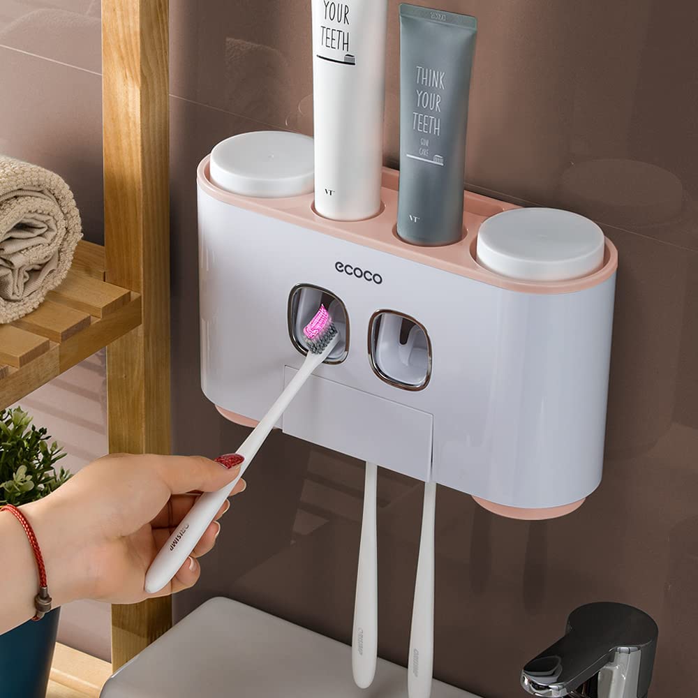Toothbrush Holder with Toothpaste Dispenser Wall Mounted for Bathroom-Automatic Electric Tooth Pastetooth Squeezer-Bathroom Organizer Storage Accessories Set for Kids with 5 Toothbrush Organizer Slots