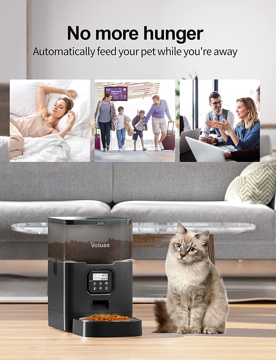 VOLUAS Automatic Pet Feeders for Cats and Dogs with Desiccant Bag, Timed Cat Feeder, Programmable Portion Size Control 4 Meals Per Day, 10s Voice Recorder-Black