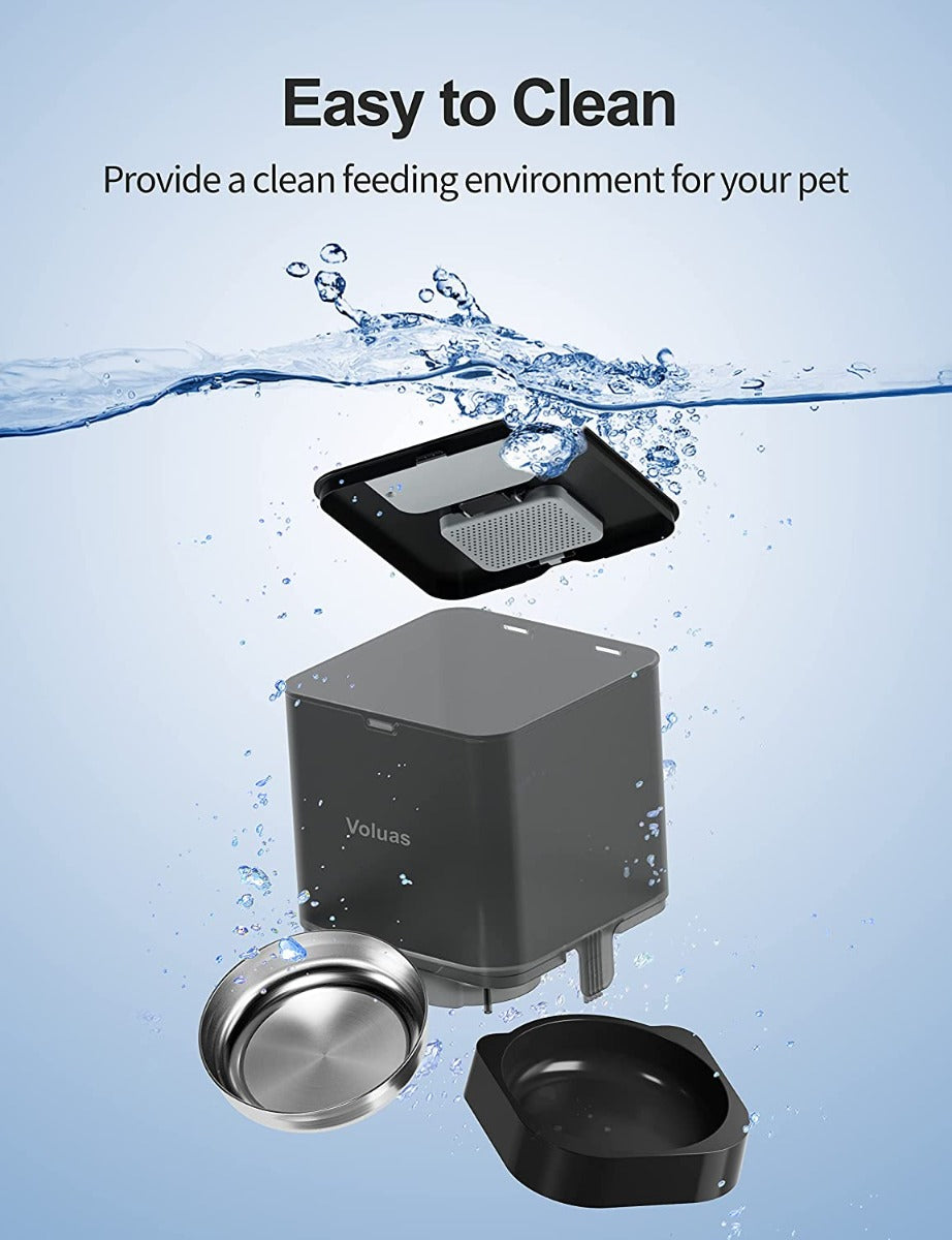 VOLUAS Automatic Pet Feeders for Cats and Dogs with Desiccant Bag, Timed Cat Feeder, Programmable Portion Size Control 4 Meals Per Day, 10s Voice Recorder-Black