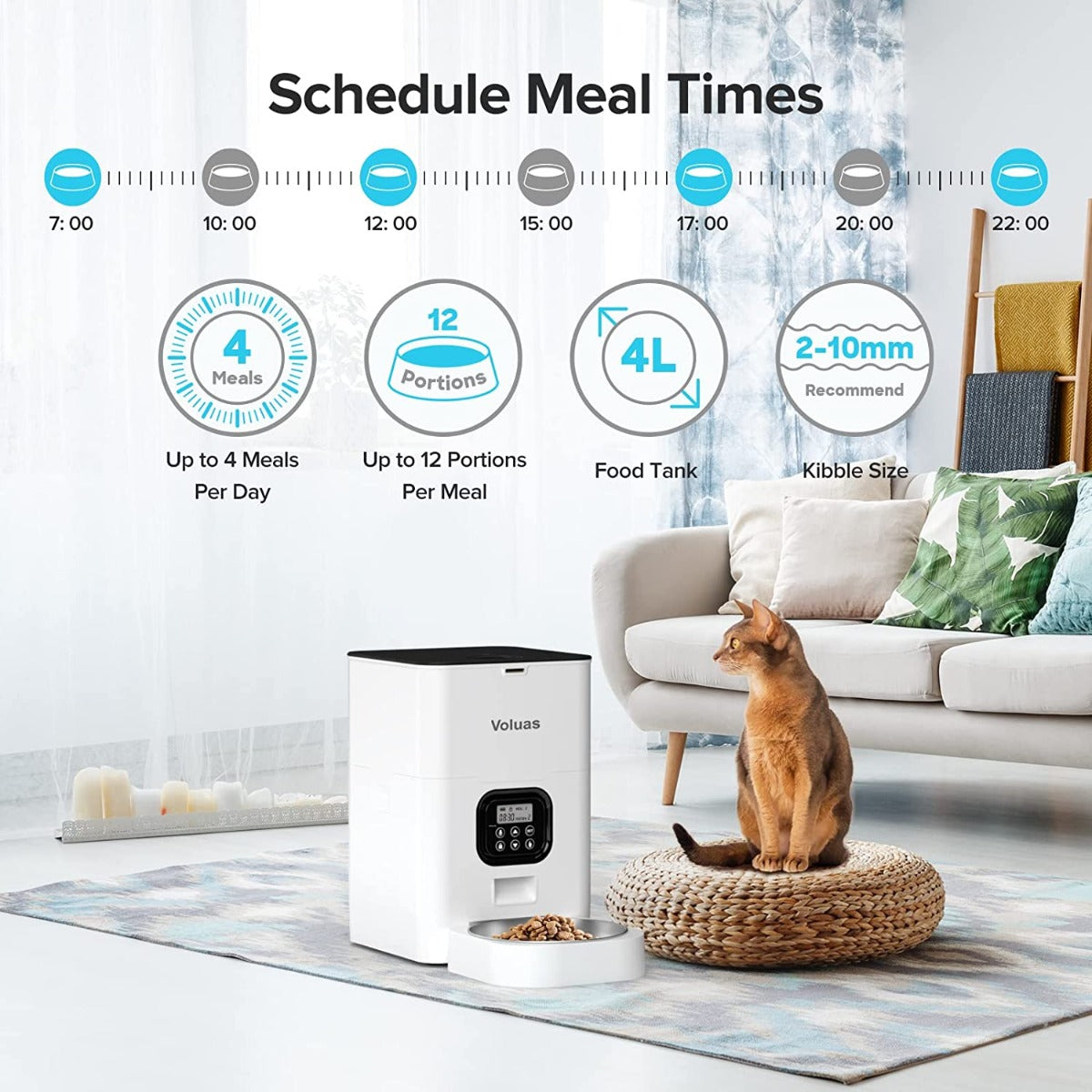 VOLUAS Automatic Pet Feeders for Cats and Dogs with Desiccant Bag, Timed Cat Feeder, Programmable Portion Size Control 4 Meals Per Day, 10s Voice Recorder-White