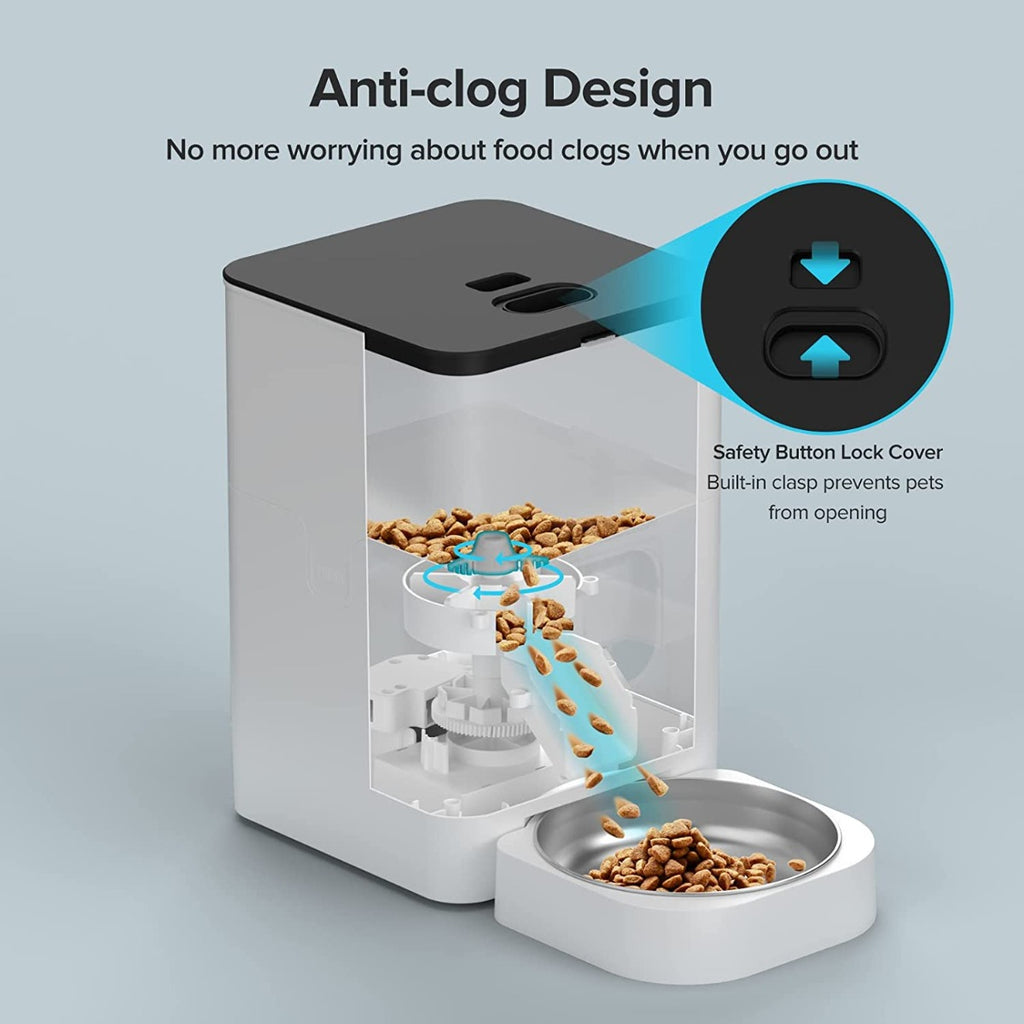 VOLUAS Automatic Pet Feeders for Cats and Dogs with Desiccant Bag, Timed Cat Feeder, Programmable Portion Size Control 4 Meals Per Day, 10s Voice Recorder-White