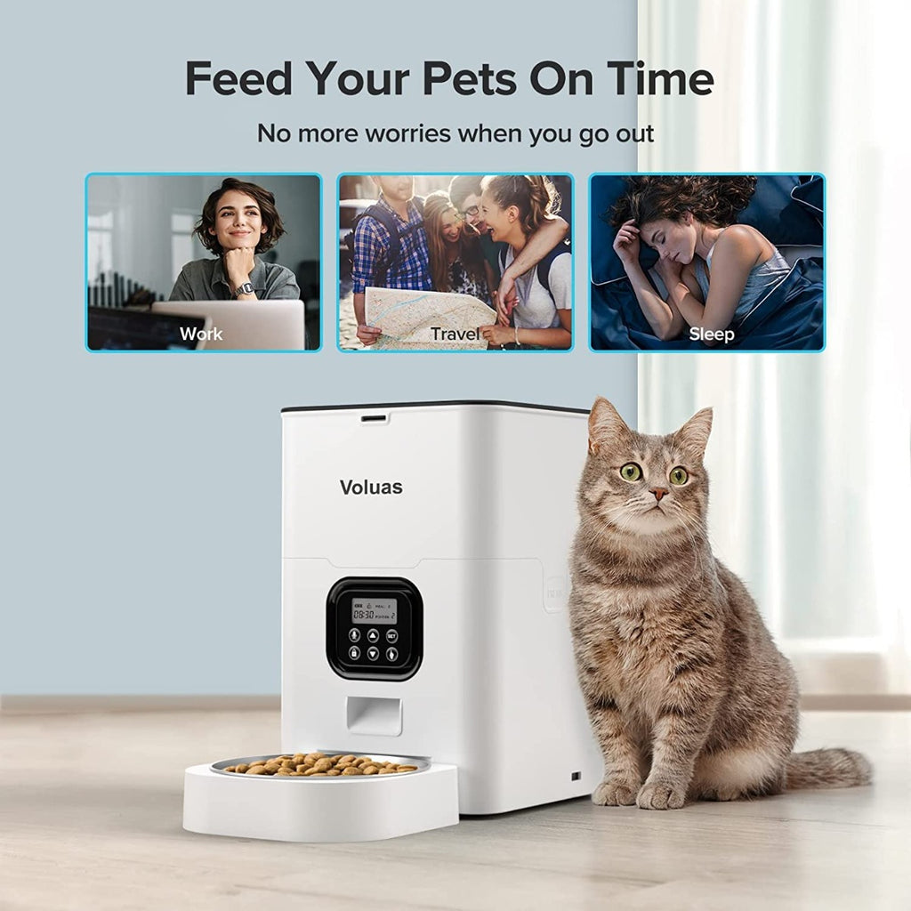 VOLUAS Automatic Pet Feeders for Cats and Dogs with Desiccant Bag, Timed Cat Feeder, Programmable Portion Size Control 4 Meals Per Day, 10s Voice Recorder-White
