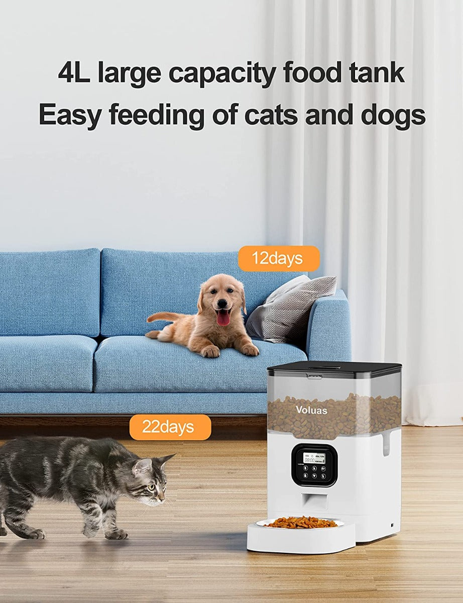 VOLUAS Automatic Pet Feeders for Cats and Dogs with Desiccant Bag, Timed Cat Feeder, Programmable Portion Size Control 4 Meals Per Day, 10s Voice Recorder-White Transparent