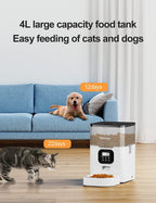 VOLUAS Automatic Pet Feeders for Cats and Dogs with Desiccant Bag, Timed Cat Feeder, Programmable Portion Size Control 4 Meals Per Day, 10s Voice Recorder-White Transparent