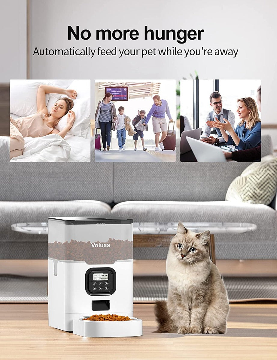 VOLUAS Automatic Pet Feeders for Cats and Dogs with Desiccant Bag, Timed Cat Feeder, Programmable Portion Size Control 4 Meals Per Day, 10s Voice Recorder-White Transparent