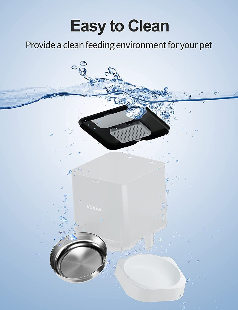 VOLUAS Automatic Pet Feeders for Cats and Dogs with Desiccant Bag, Timed Cat Feeder, Programmable Portion Size Control 4 Meals Per Day, 10s Voice Recorder-White Transparent
