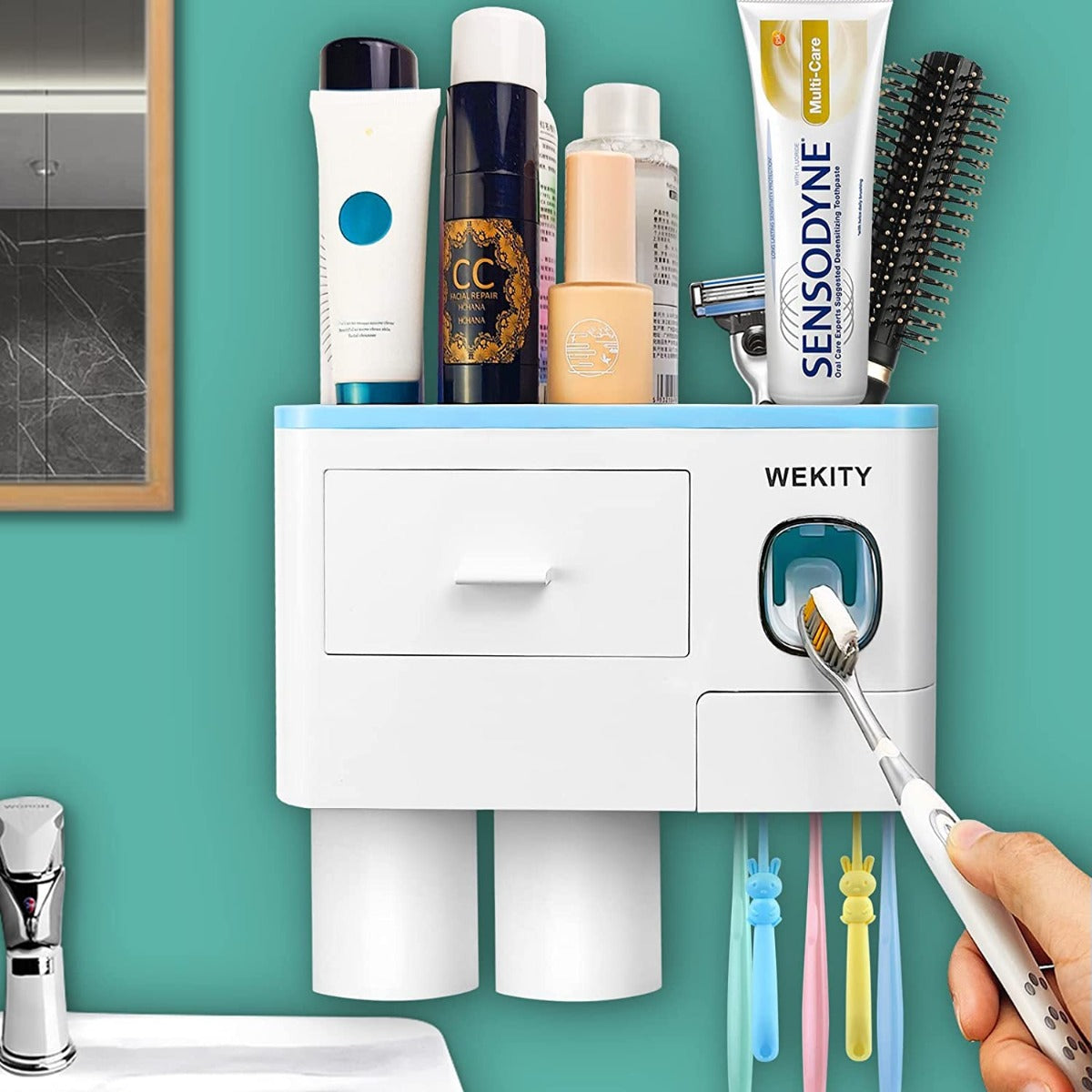 Wekity Multifunctional Wall-Mounted Toothpaste Dispenser Space Saving Toothbrush and Toothpaste Holder, with 2 Cups and Drawers Cosmetic Organizer