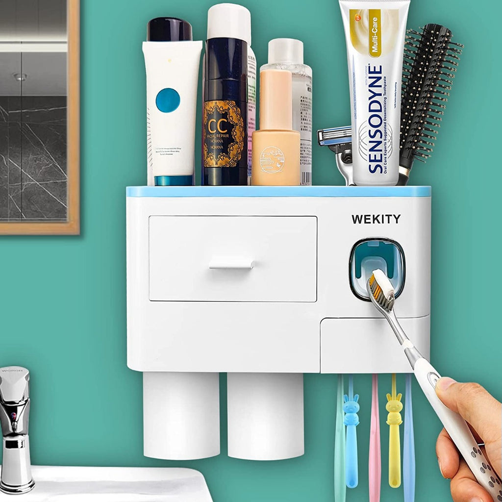 Wekity Multifunctional Wall-Mounted Toothpaste Dispenser Space Saving Toothbrush and Toothpaste Holder, with 2 Cups and Drawers Cosmetic Organizer