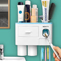 Wekity Multifunctional Wall-Mounted Toothpaste Dispenser Space Saving Toothbrush and Toothpaste Holder, with 2 Cups and Drawers Cosmetic Organizer