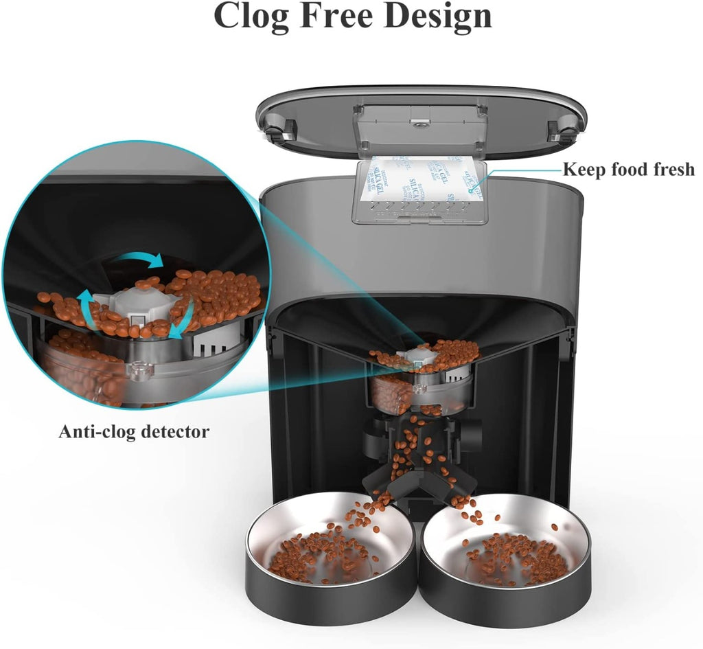 WellToBe Automatic Cat Feeder, 6L Pet Feeder Timed Cat Feeder Dry Food Dispenser for Cats & Dogs with Desiccant Bag, up to 6 Meals per Day with Programmable Portion Control, 10s Meal Call, Dual Power