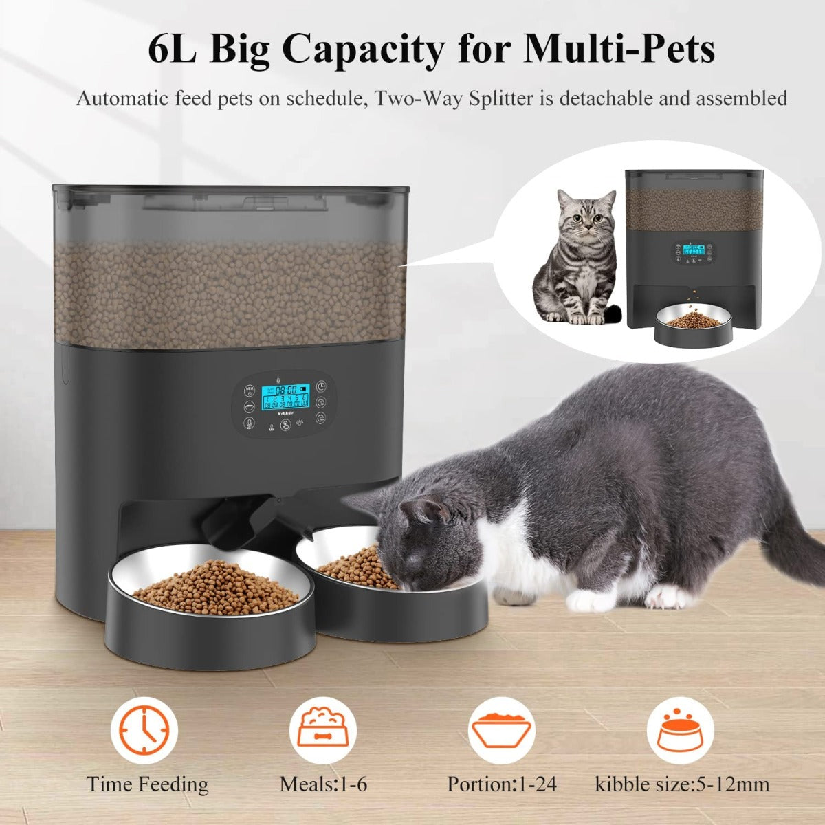 WellToBe Automatic Cat Feeder, 6L Pet Feeder Timed Cat Feeder Dry Food Dispenser for Cats & Dogs with Desiccant Bag, up to 6 Meals per Day with Programmable Portion Control, 10s Meal Call, Dual Power