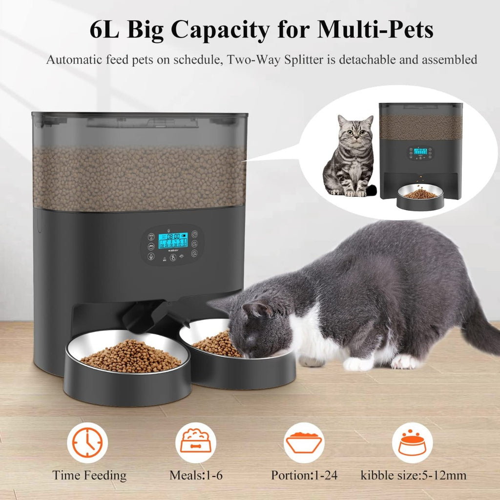 WellToBe Automatic Cat Feeder, 6L Pet Feeder Timed Cat Feeder Dry Food Dispenser for Cats & Dogs with Desiccant Bag, up to 6 Meals per Day with Programmable Portion Control, 10s Meal Call, Dual Power