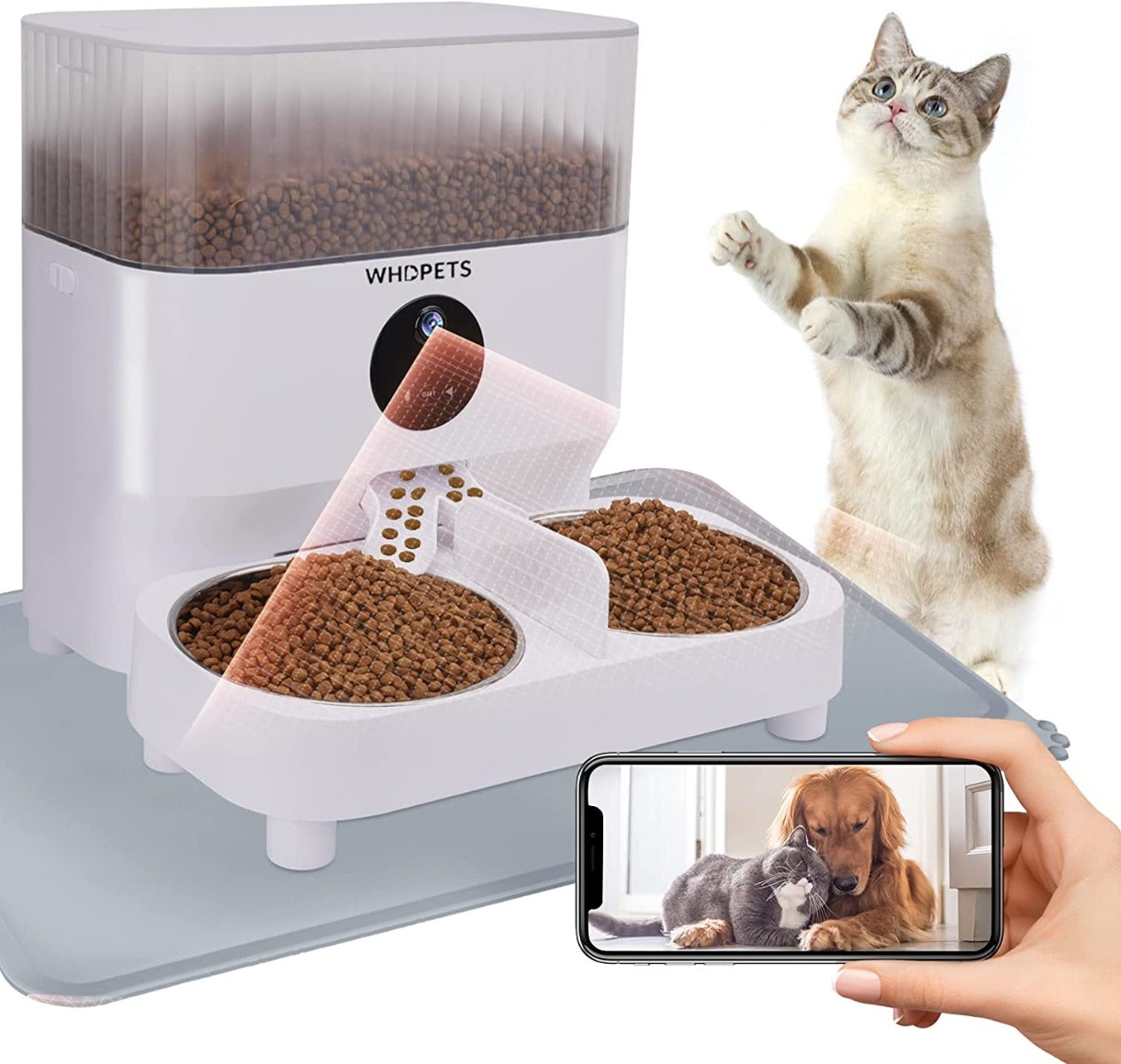 WHDPETS WiFi Pet Feeder with 1080P Camera for 2 Cats & Dogs, 5L Aotu Dog Food Dispenser with Feeding Mat, Portion Control, Dual Power Supply, Voice Recorder, 2.4G Wi-Fi Enabled