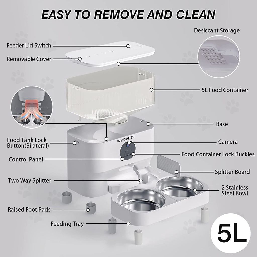 WHDPETS WiFi Pet Feeder with 1080P Camera for 2 Cats & Dogs, 5L Aotu Dog Food Dispenser with Feeding Mat, Portion Control, Dual Power Supply, Voice Recorder, 2.4G Wi-Fi Enabled