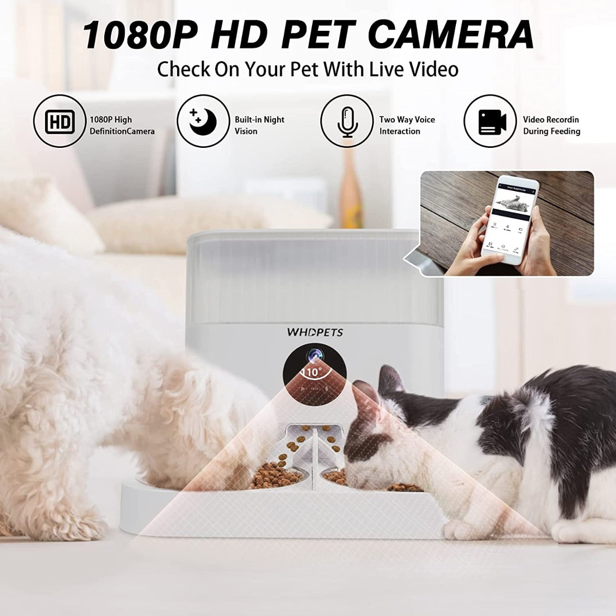 WHDPETS WiFi Pet Feeder with 1080P Camera for 2 Cats & Dogs, 5L Aotu Dog Food Dispenser with Feeding Mat, Portion Control, Dual Power Supply, Voice Recorder, 2.4G Wi-Fi Enabled