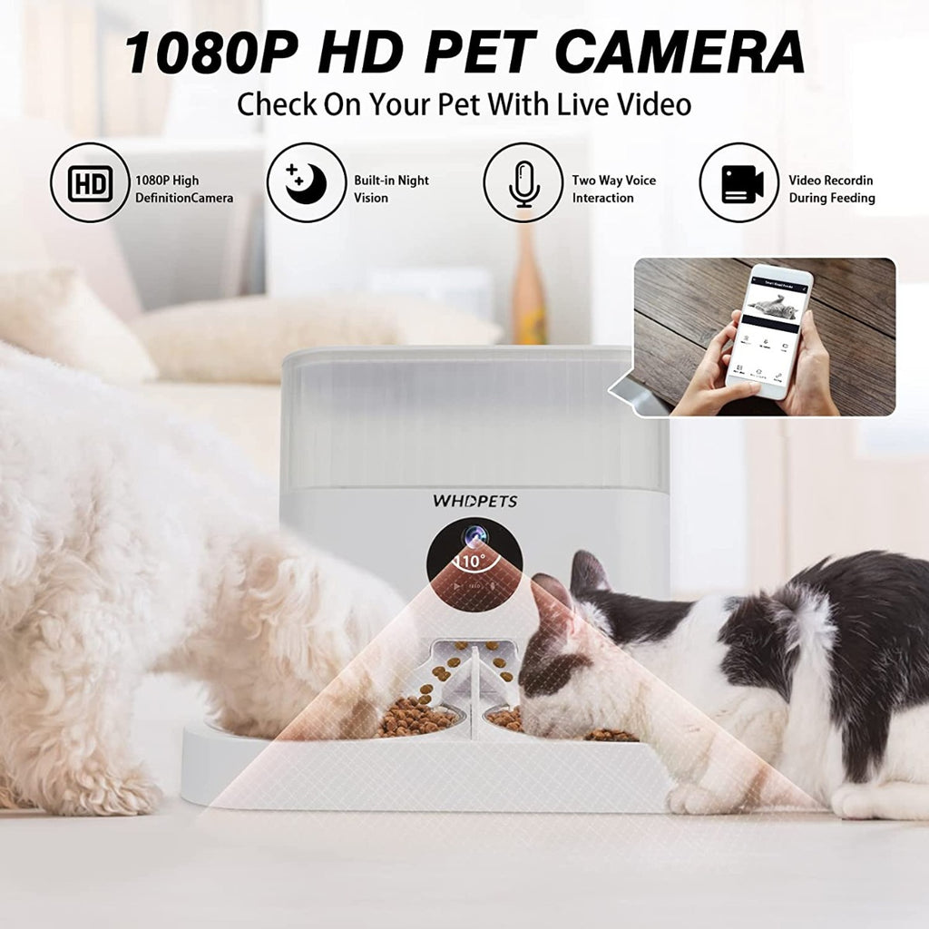WHDPETS WiFi Pet Feeder with 1080P Camera for 2 Cats & Dogs, 5L Aotu Dog Food Dispenser with Feeding Mat, Portion Control, Dual Power Supply, Voice Recorder, 2.4G Wi-Fi Enabled