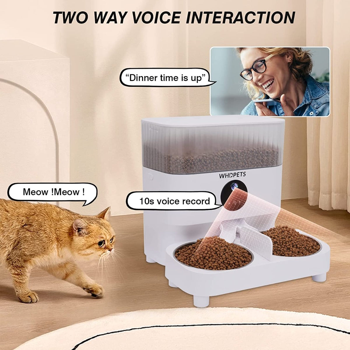 WHDPETS WiFi Pet Feeder with 1080P Camera for 2 Cats & Dogs, 5L Aotu Dog Food Dispenser with Feeding Mat, Portion Control, Dual Power Supply, Voice Recorder, 2.4G Wi-Fi Enabled