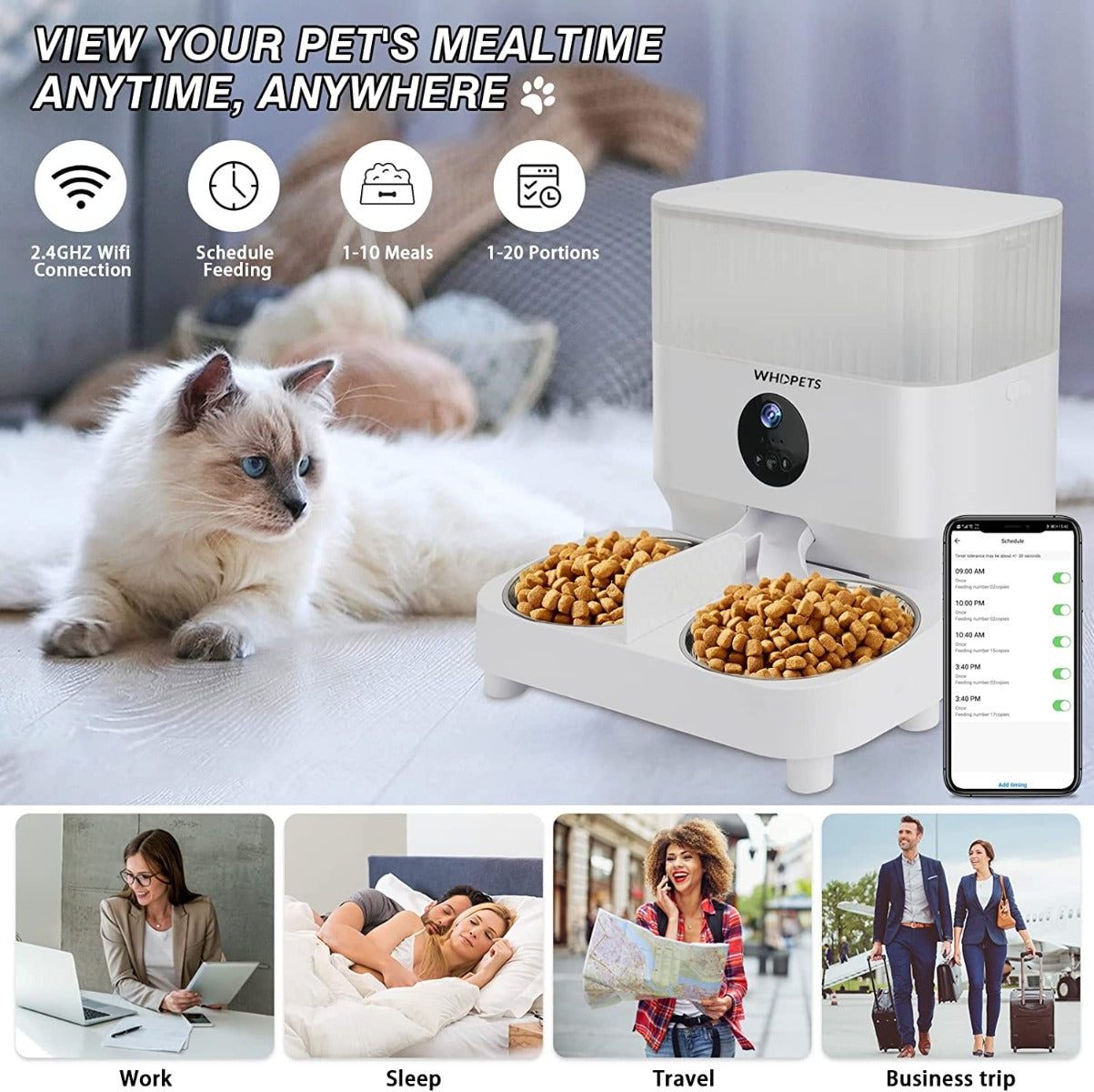 WHDPETS WiFi Pet Feeder with 1080P Camera for 2 Cats & Dogs, 5L Aotu Dog Food Dispenser with Feeding Mat, Portion Control, Dual Power Supply, Voice Recorder, 2.4G Wi-Fi Enabled
