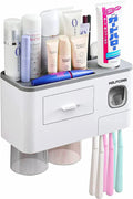 Toothbrush Holders for Bathrooms - 2 Cups Toothbrush Holder Wall Mounted with Toothpaste Dispenser, Large Capacity Tray - 1 Cosmetic Drawer and 6 Brush Slots with Cover Tooth Brush Holder