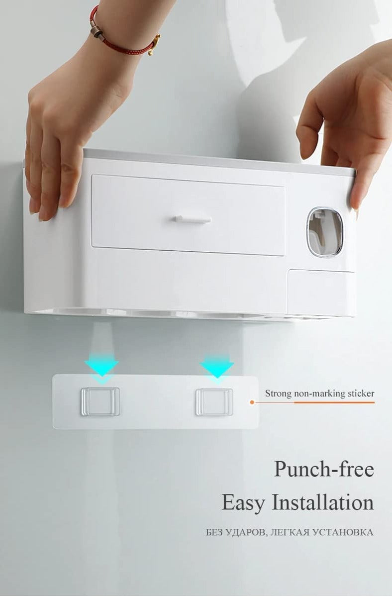 Toothbrush Holders for Bathrooms - 2 Cups Toothbrush Holder Wall Mounted with Toothpaste Dispenser, Large Capacity Tray - 1 Cosmetic Drawer and 6 Brush Slots with Cover Tooth Brush Holder