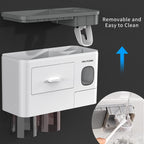 Toothbrush Holders for Bathrooms - 2 Cups Toothbrush Holder Wall Mounted with Toothpaste Dispenser, Large Capacity Tray - 1 Cosmetic Drawer and 6 Brush Slots with Cover Tooth Brush Holder