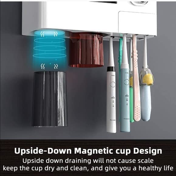 Toothbrush Holders for Bathrooms - 2 Cups Toothbrush Holder Wall Mounted with Toothpaste Dispenser, Large Capacity Tray - 1 Cosmetic Drawer and 6 Brush Slots with Cover Tooth Brush Holder