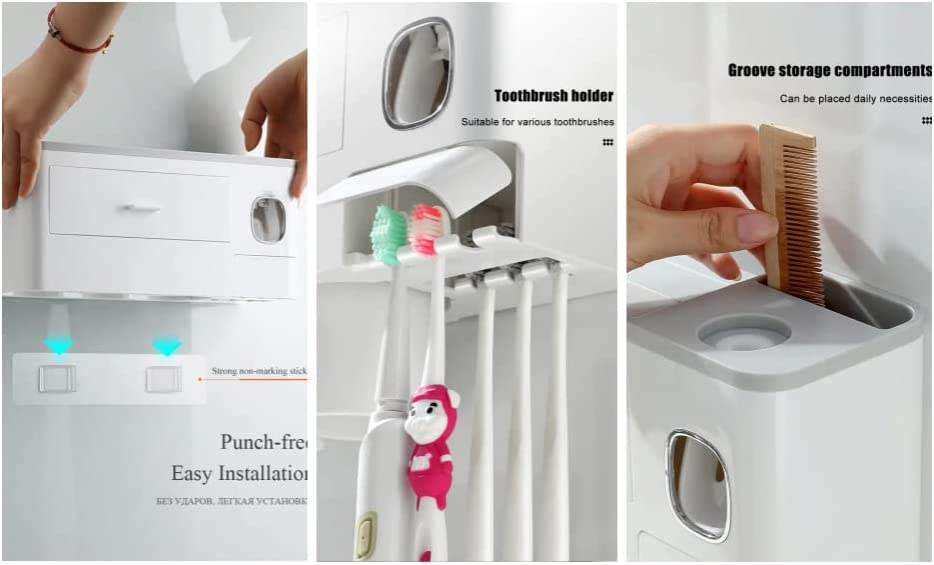 Toothbrush Holders for Bathrooms - 2 Cups Toothbrush Holder Wall Mounted with Toothpaste Dispenser, Large Capacity Tray - 1 Cosmetic Drawer and 6 Brush Slots with Cover Tooth Brush Holder