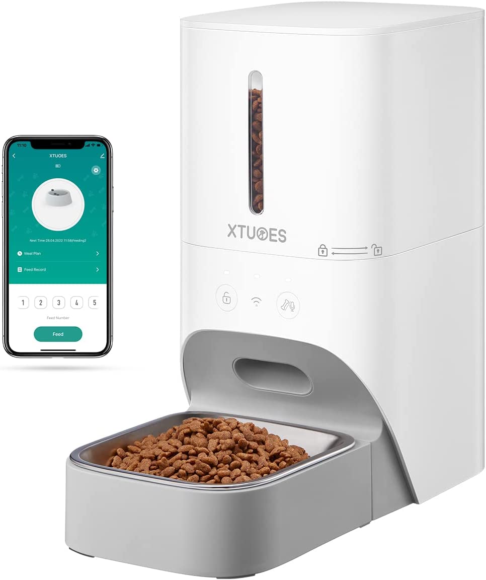 XTUOES Automatic Cat Feeder, 2.4G WiFi 4L Detachable and Easy to Clean  with Stainless Steel Bowl & Lock Lid for Small/Medium Dog Cat
