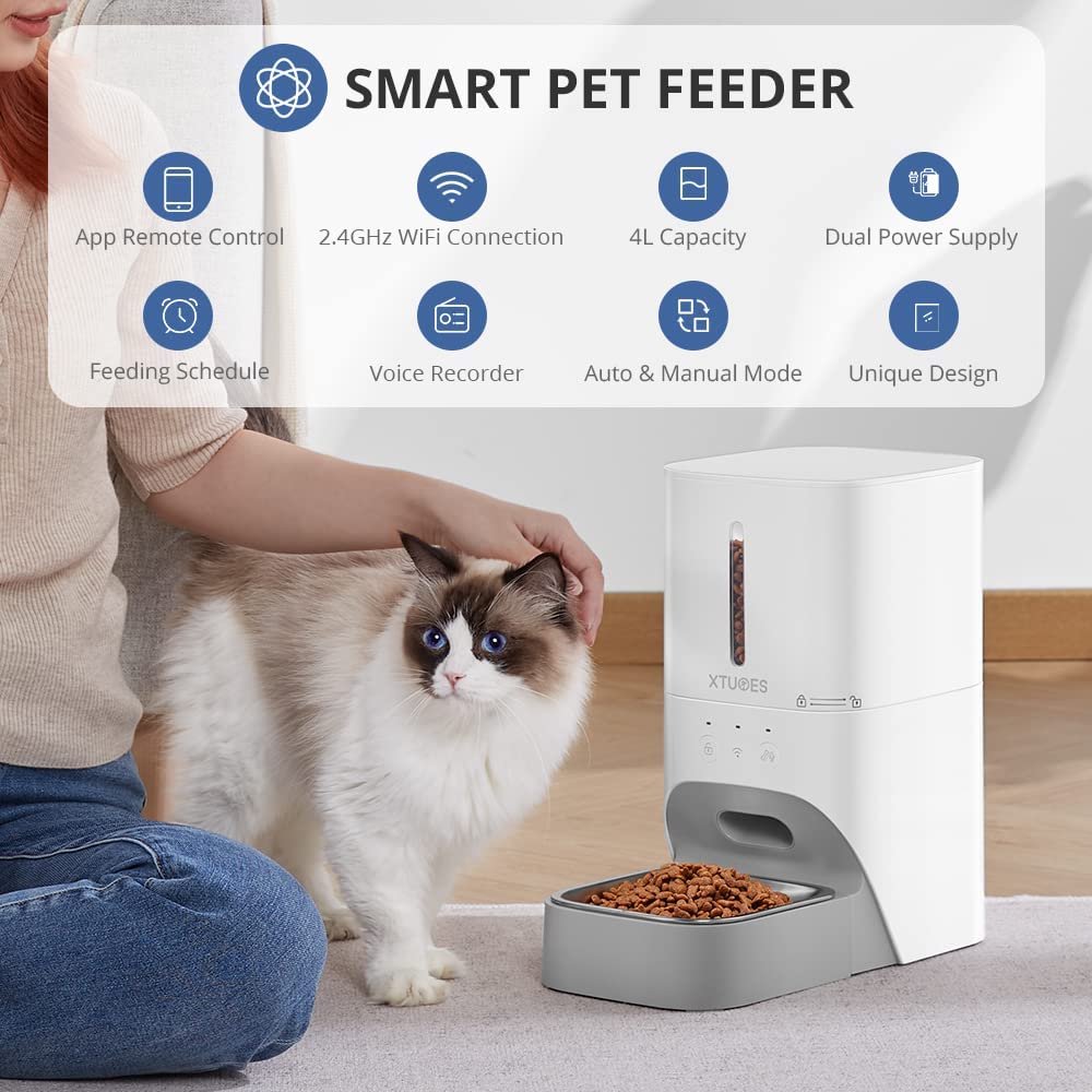XTUOES Automatic Cat Feeder, 2.4G WiFi 4L Detachable and Easy to Clean  with Stainless Steel Bowl & Lock Lid for Small/Medium Dog Cat