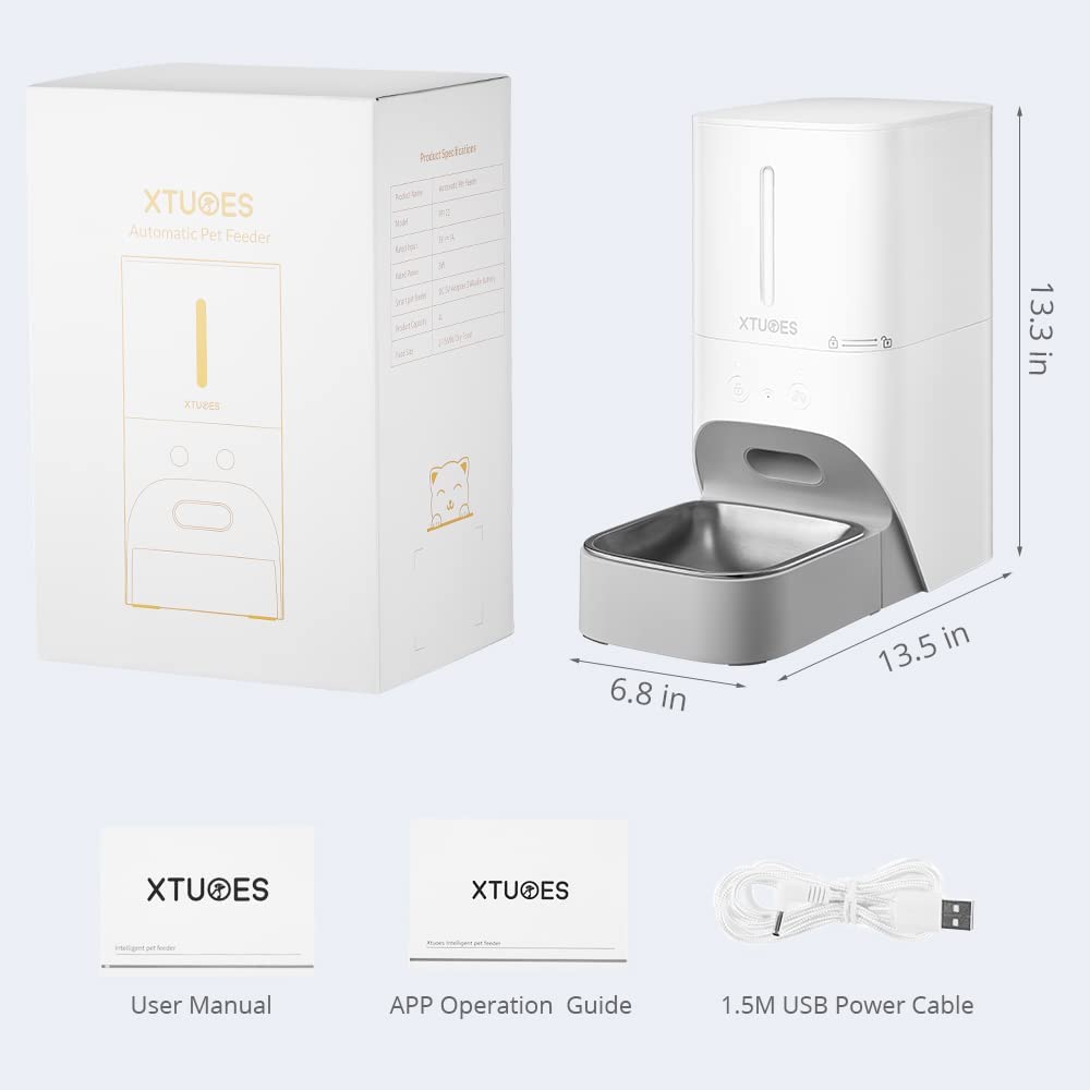XTUOES Automatic Cat Feeder, 2.4G WiFi 4L Detachable and Easy to Clean  with Stainless Steel Bowl & Lock Lid for Small/Medium Dog Cat