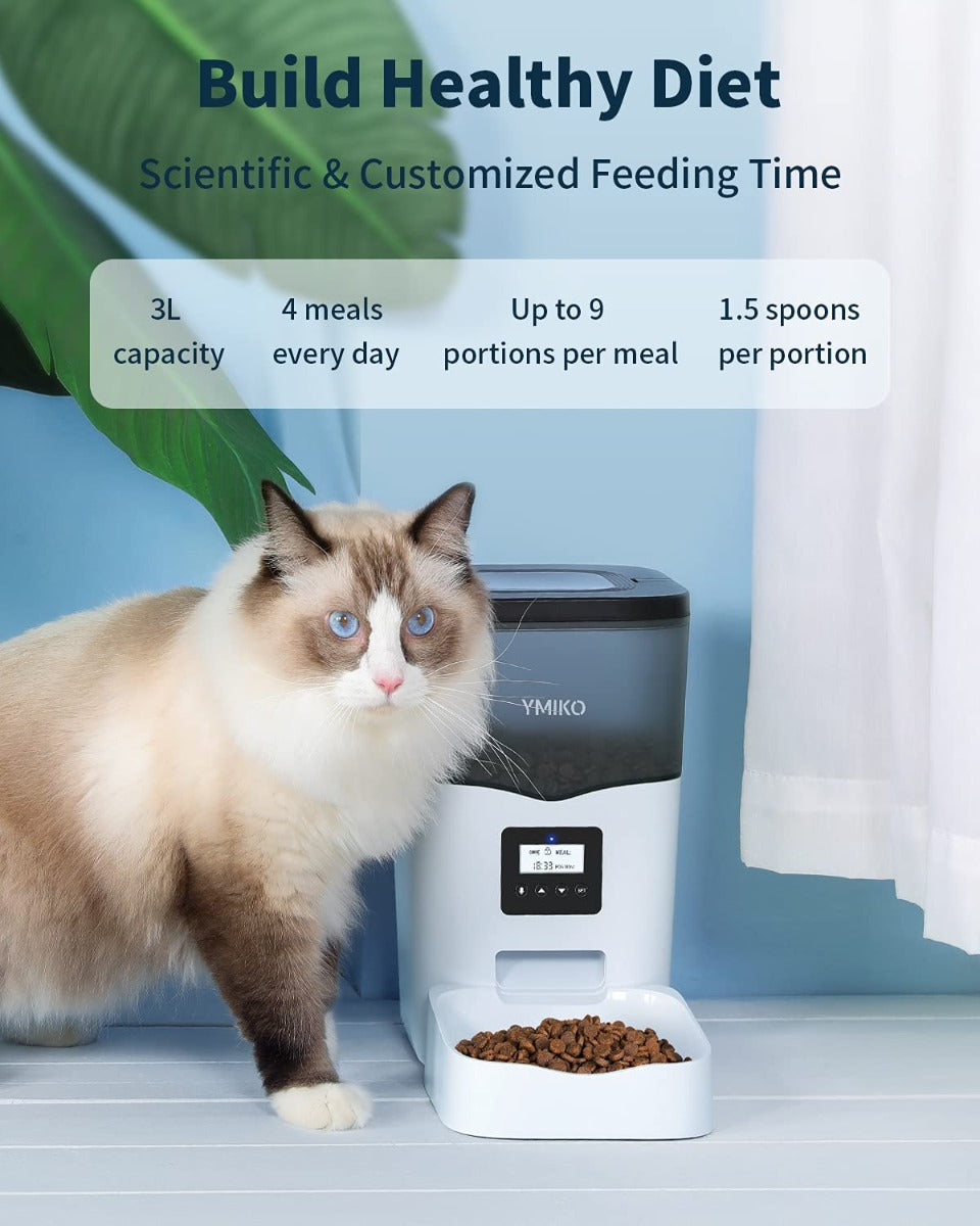 Ymiko Automatic Cat Food Dispenser with Voice Recorder, Timed Small Pet Feeder with Programmable Timer, 1-4 Meals Per Day (3L)