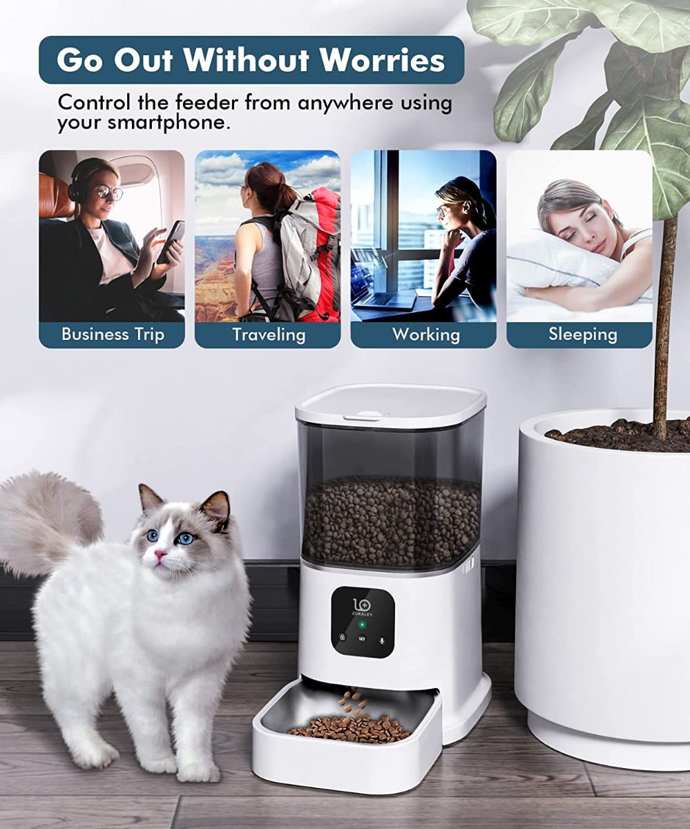 ZOKALEY Automatic Cat Feeders, 2.4G WiFi Enabled Programmable with Stainless Steel Bowl, Portion Control, APP Remote Control & 10s Voice Recorder for Small & Medium Pets