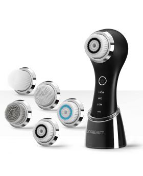 COSBEAUTY Sonic Facial Cleansing Brush with 5 Brush Heads, IPX7 Waterproof, Wireless Rechargeable, 3 Speeds Adjustment
