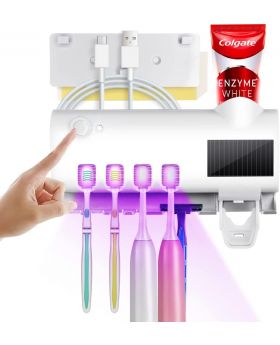 HSKLOCK Wall Mounted Toothbrush Holder with UV Toothbrush Sanitizer & 4 Slots and 1 Automatic Toothpaste Dispenser 
