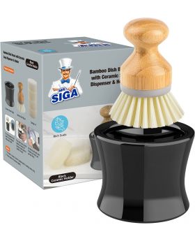 MR.SIGA Bamboo Dish D Brush, Soap Dispenser & Holder Set, Includes 4 Replaceable Sponges