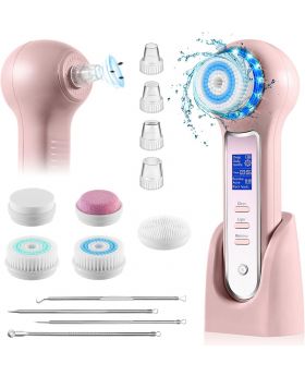 Rechargeable Facial Cleansing Brush, Blackhead Remover Vacuum with LCD Screen,IPX7 Waterproof 3 in 1 Facial Cleaner for Exfoliating (Pink)