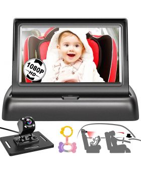 Shybaby 1080P Camera Monitor with Handbell Toy, 4.3'' HD Wide View Seat Mirror Night Vision Function to Observe Baby's Every Movement While Driving