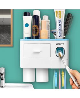 Wekity Multifunctional Wall-Mounted Toothpaste Dispenser Space Saving Toothbrush and Toothpaste Holder, with 2 Cups and Drawers Cosmetic Organizer 