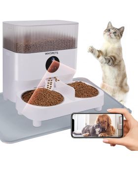 WHDPETS WiFi Pet Feeder with 1080P Camera for 2 Cats & Dogs, 5L Aotu Dog Food Dispenser with Feeding Mat, Portion Control, Dual Power Supply, Voice Recorder, 2.4G Wi-Fi Enabled