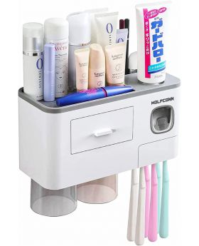 Toothbrush Holders for Bathrooms - 2 Cups Toothbrush Holder Wall Mounted with Toothpaste Dispenser, Large Capacity Tray - 1 Cosmetic Drawer and 6 Brush Slots with Cover Tooth Brush Holder