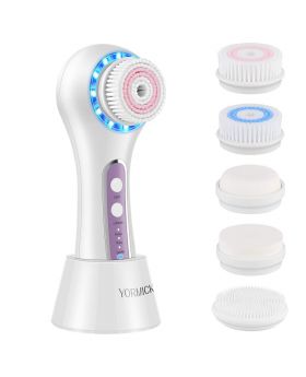 YORMICK Electric Rechargeable IPX7 Waterproof Facial Cleansing Brush with 3 Modes, 5 Brush Heads for Exfoliating, Massaging and Makeup Blending